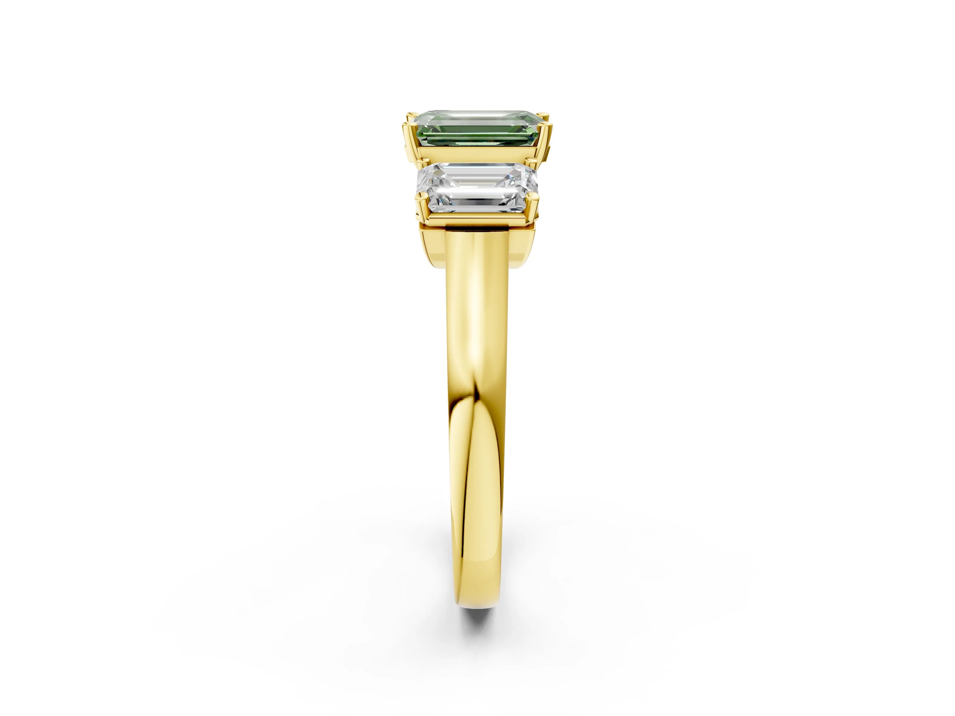 Yellow gold Three-Stone Fancy Green Emerald Cut Brilliant Diamond Trellis Ring with Comfort Fit Band_2