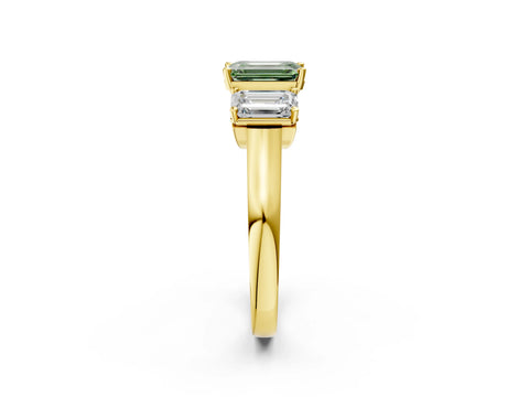 Yellow gold Three-Stone Fancy Green Emerald Cut Brilliant Diamond Trellis Ring with Comfort Fit Band_2