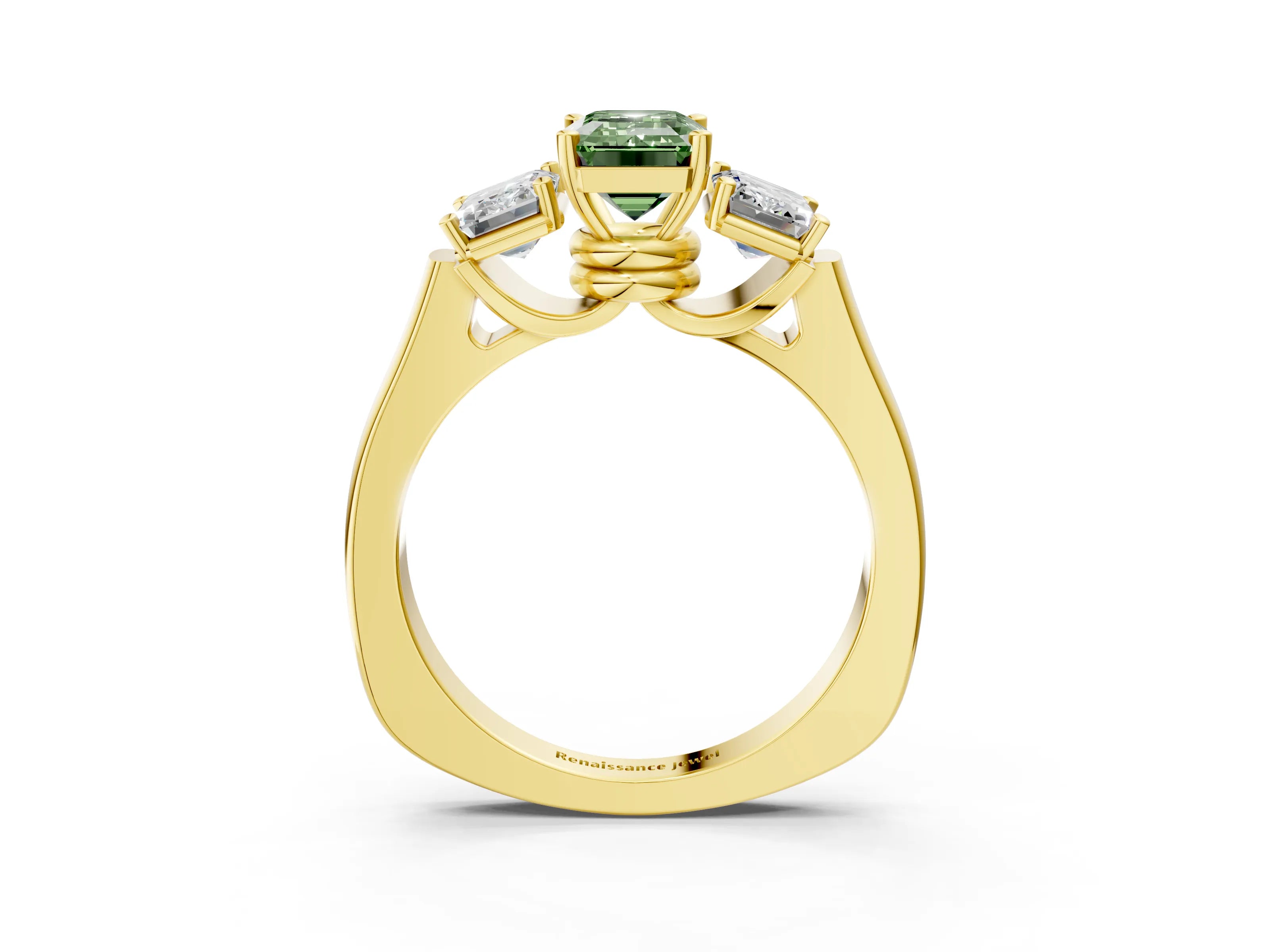 Yellow gold Three-Stone Fancy Green Emerald Cut Brilliant Diamond Trellis Ring with Comfort Fit Band_3