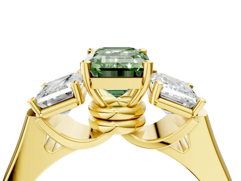 Yellow gold Three-Stone Fancy Green Emerald Cut Brilliant Diamond Trellis Ring with Comfort Fit Band_4