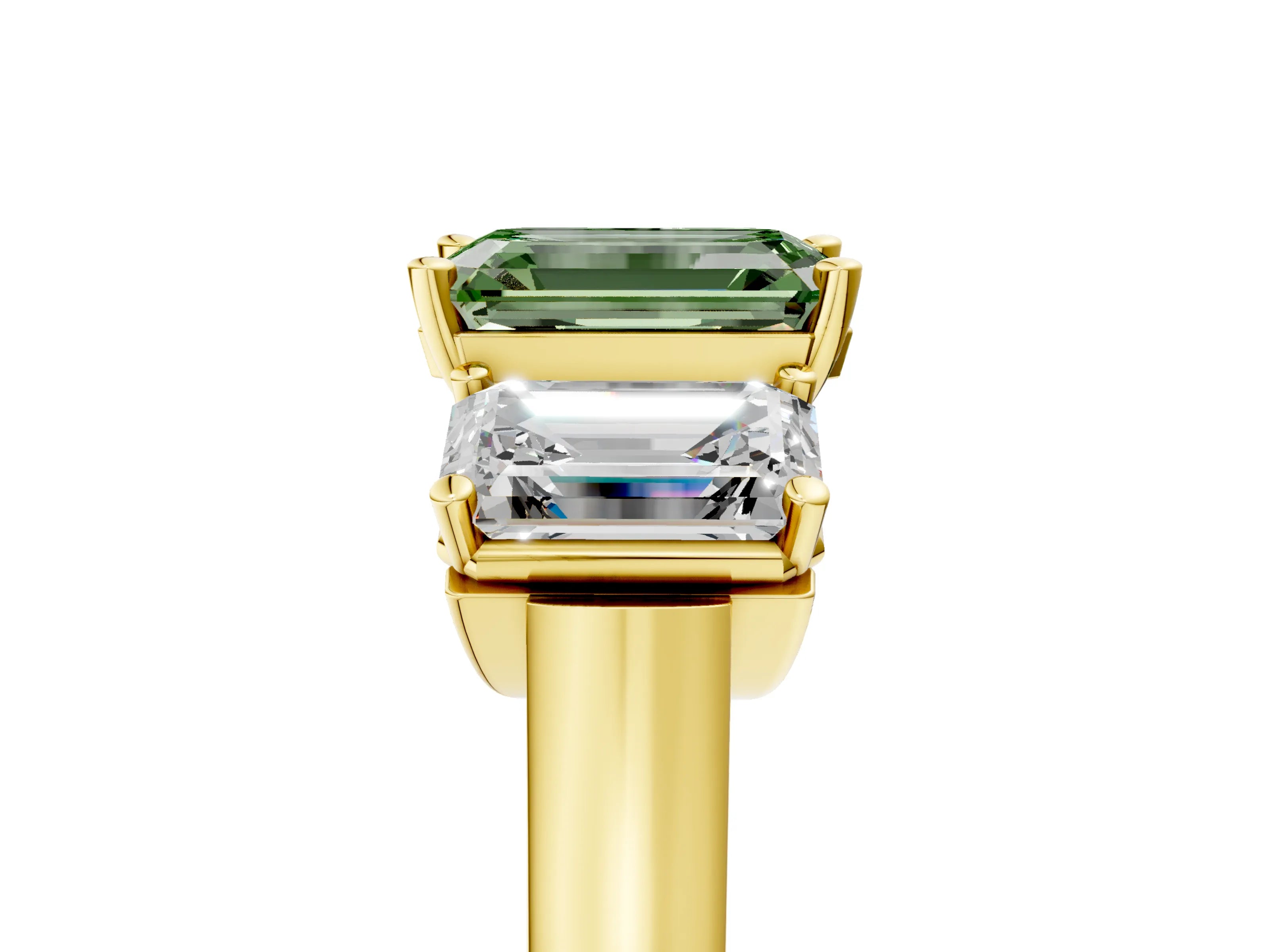Yellow gold Three-Stone Fancy Green Emerald Cut Brilliant Diamond Trellis Ring with Comfort Fit Band_5