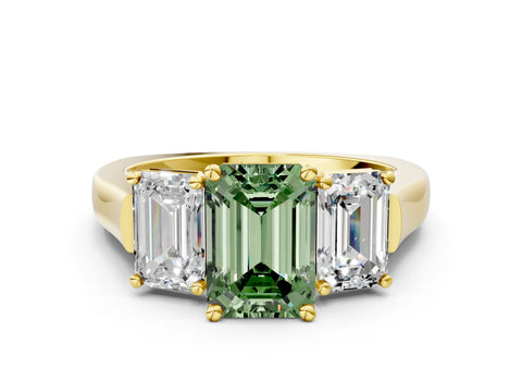 Yellow gold Three-Stone Fancy Green Emerald Cut Brilliant Diamond Trellis Ring with Comfort Fit Band