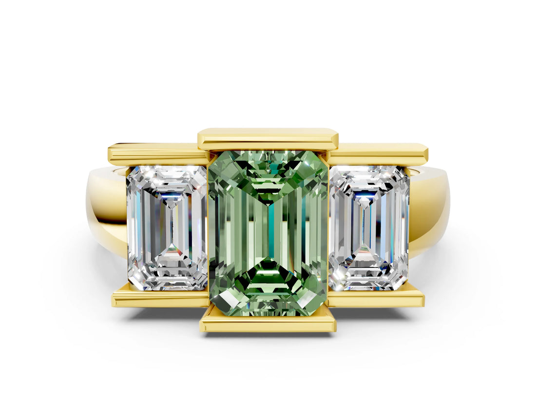 Yellow gold Three Stone Fancy Green Emerald Cut Cut Channel Set Diamond Ring