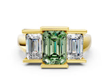 Yellow gold Three Stone Fancy Green Emerald Cut Cut Channel Set Diamond Ring