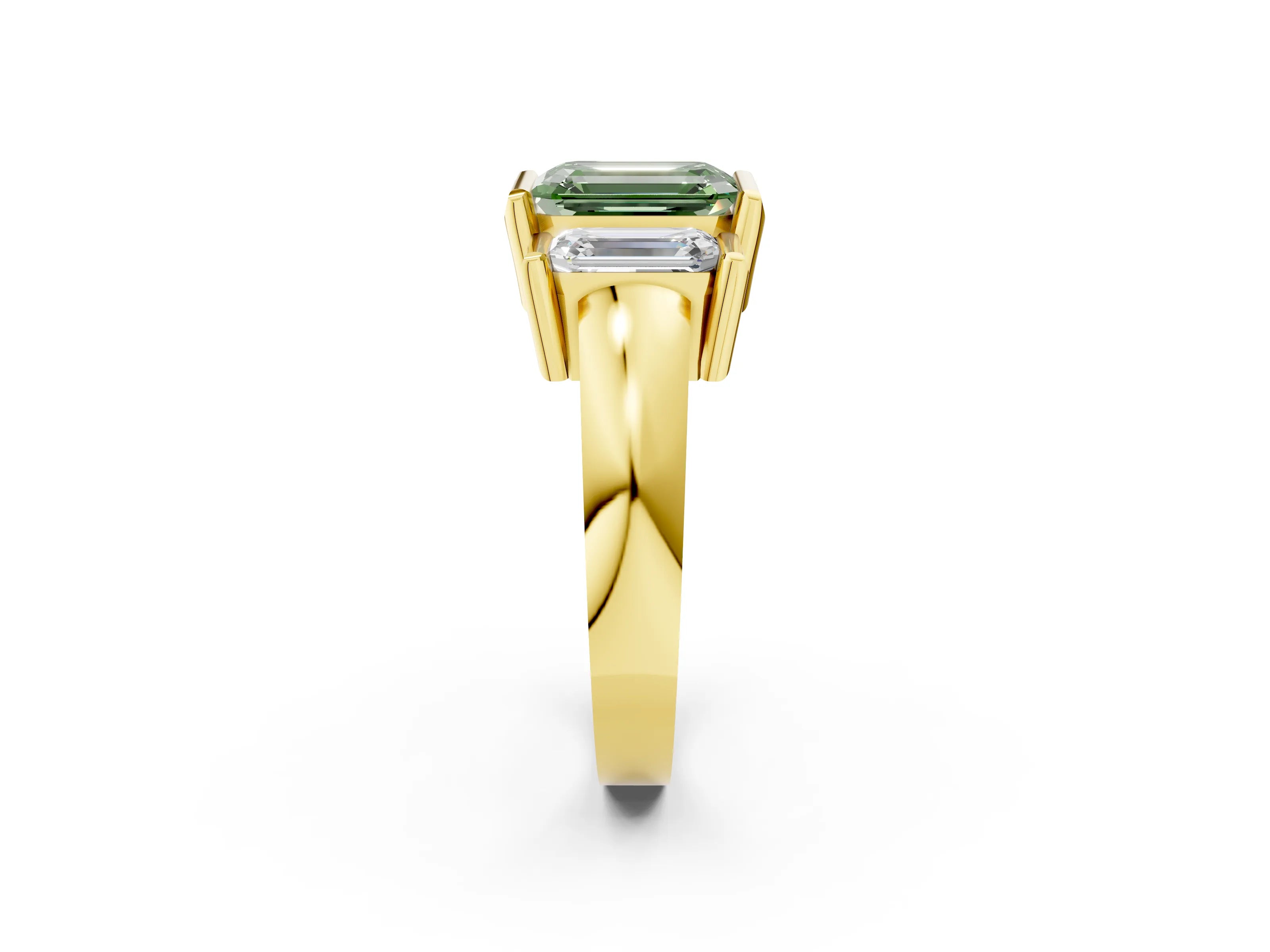 Yellow gold Three Stone Fancy Green Emerald Cut Cut Channel Set Diamond Ring_2