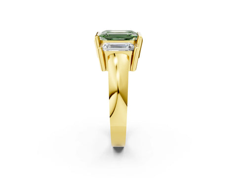 Yellow gold Three Stone Fancy Green Emerald Cut Cut Channel Set Diamond Ring_2