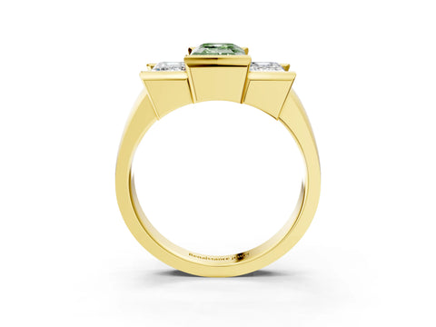 Yellow gold Three Stone Fancy Green Emerald Cut Cut Channel Set Diamond Ring_3