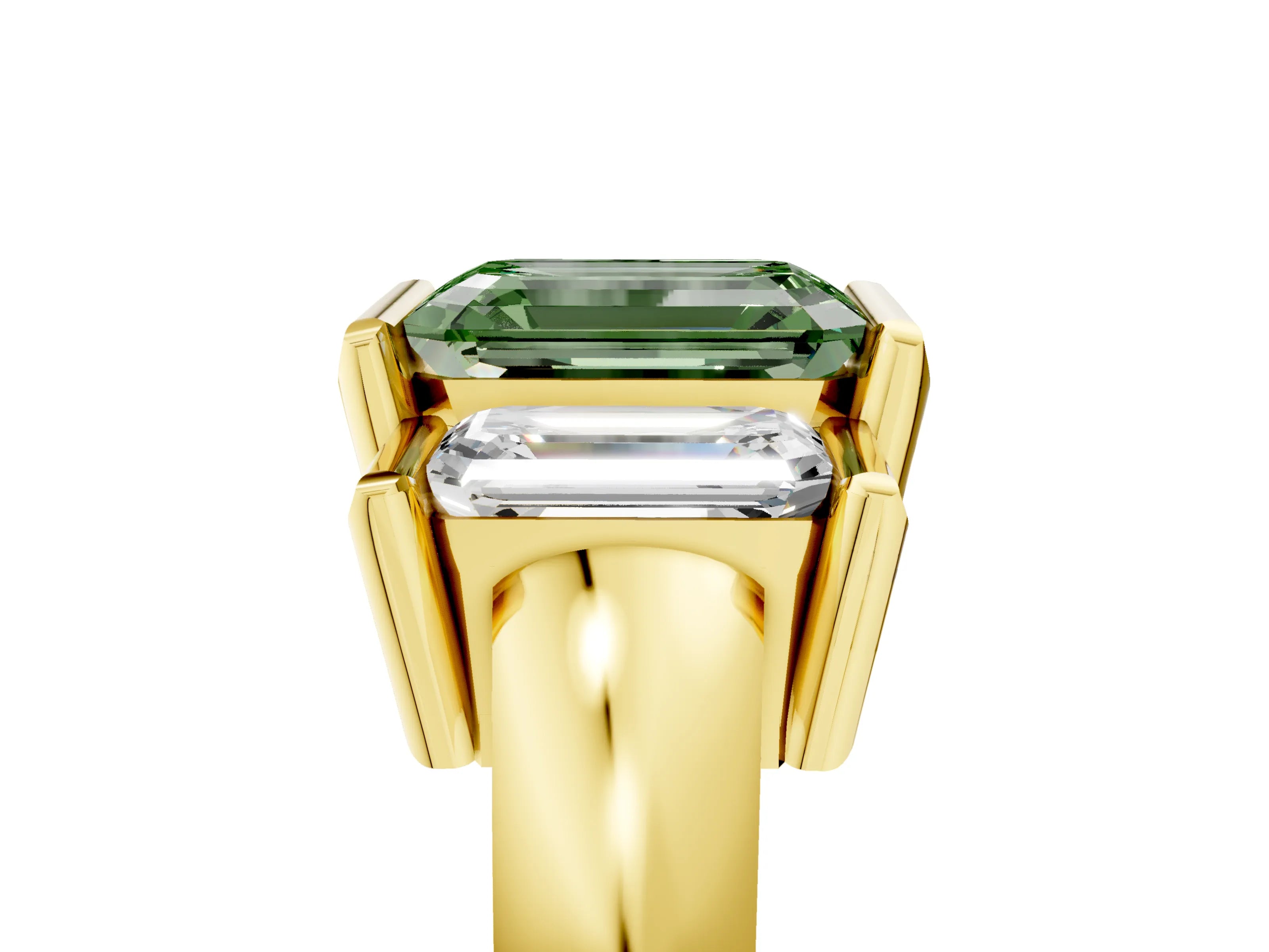 Yellow gold Three Stone Fancy Green Emerald Cut Cut Channel Set Diamond Ring_5
