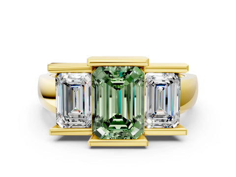 Yellow gold Three Stone Fancy Green Emerald Cut Cut Channel Set Diamond Ring