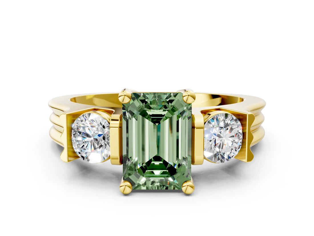 Yellow gold Three-Stone Fancy Green Emerald Cut Cut Classic Band Prong Setting Ring