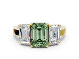 Yellow gold Three-Stone Fancy Green Emerald Cut Cut Diamond Engagement Ring with Flat Band and Four-Prong Setting