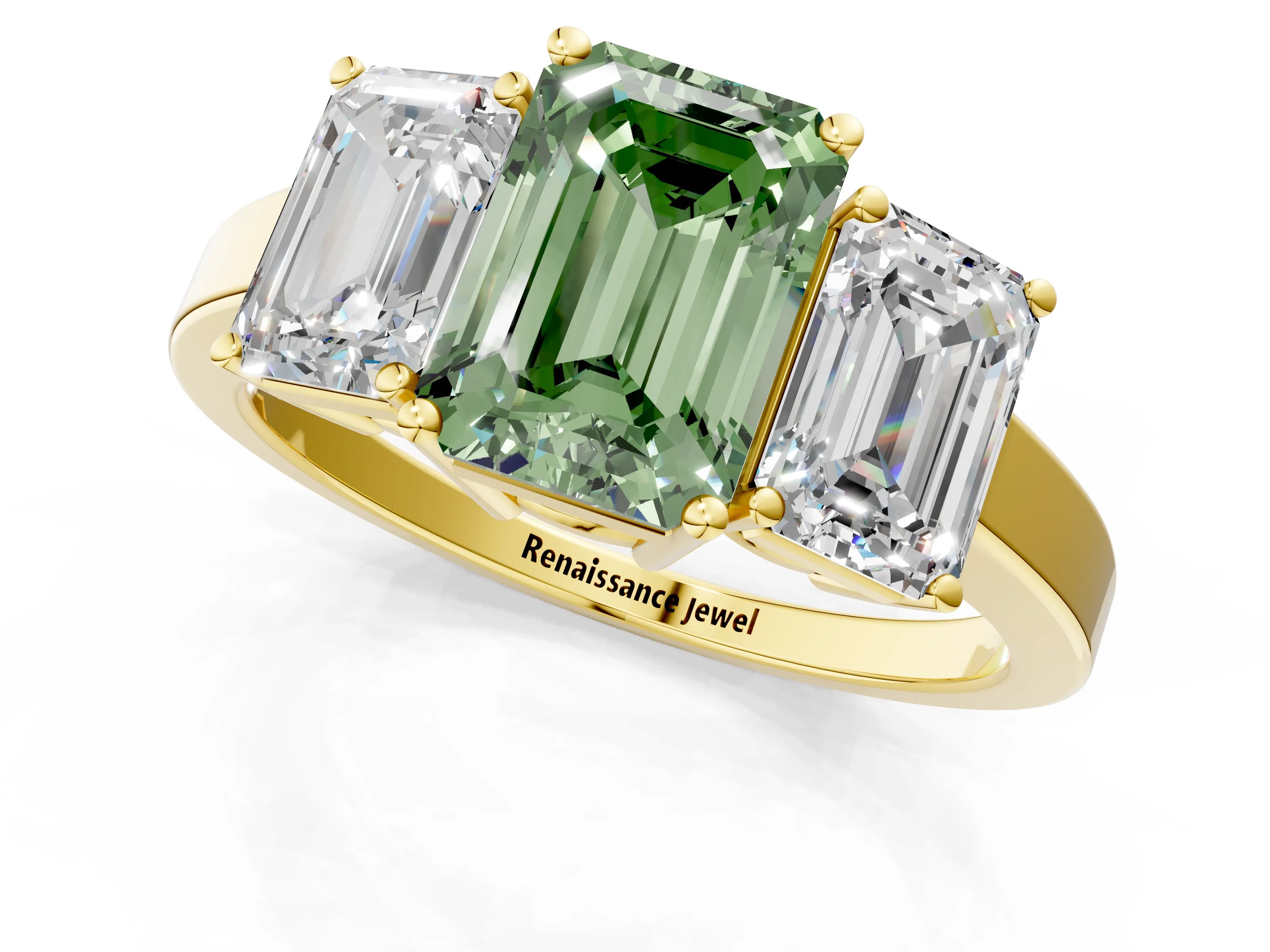 Yellow gold Three-Stone Fancy Green Emerald Cut Cut Diamond Engagement Ring with Flat Band and Four-Prong Setting_1