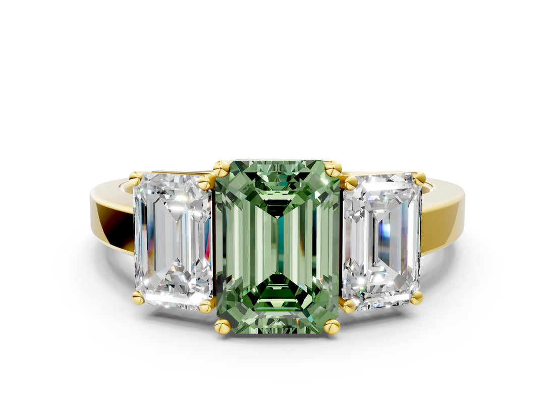 Yellow gold Three-Stone Fancy Green Emerald Cut Cut Diamond Engagement Ring with Flat Band and Four-Prong Setting_12