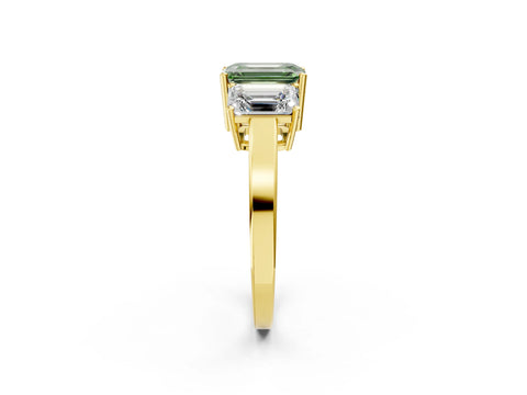 Yellow gold Three-Stone Fancy Green Emerald Cut Cut Diamond Engagement Ring with Flat Band and Four-Prong Setting_2