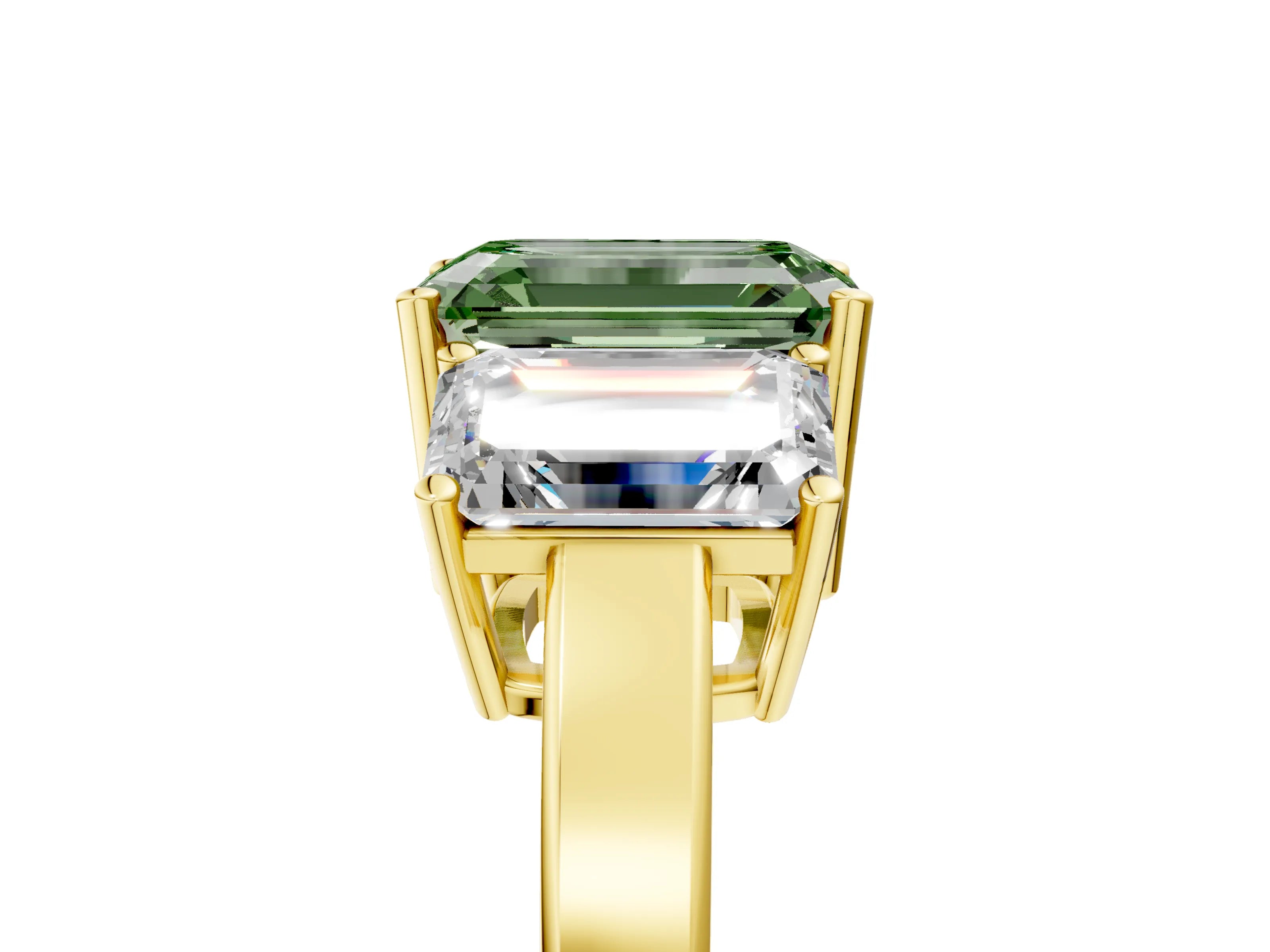 Yellow gold Three-Stone Fancy Green Emerald Cut Cut Diamond Engagement Ring with Flat Band and Four-Prong Setting_5