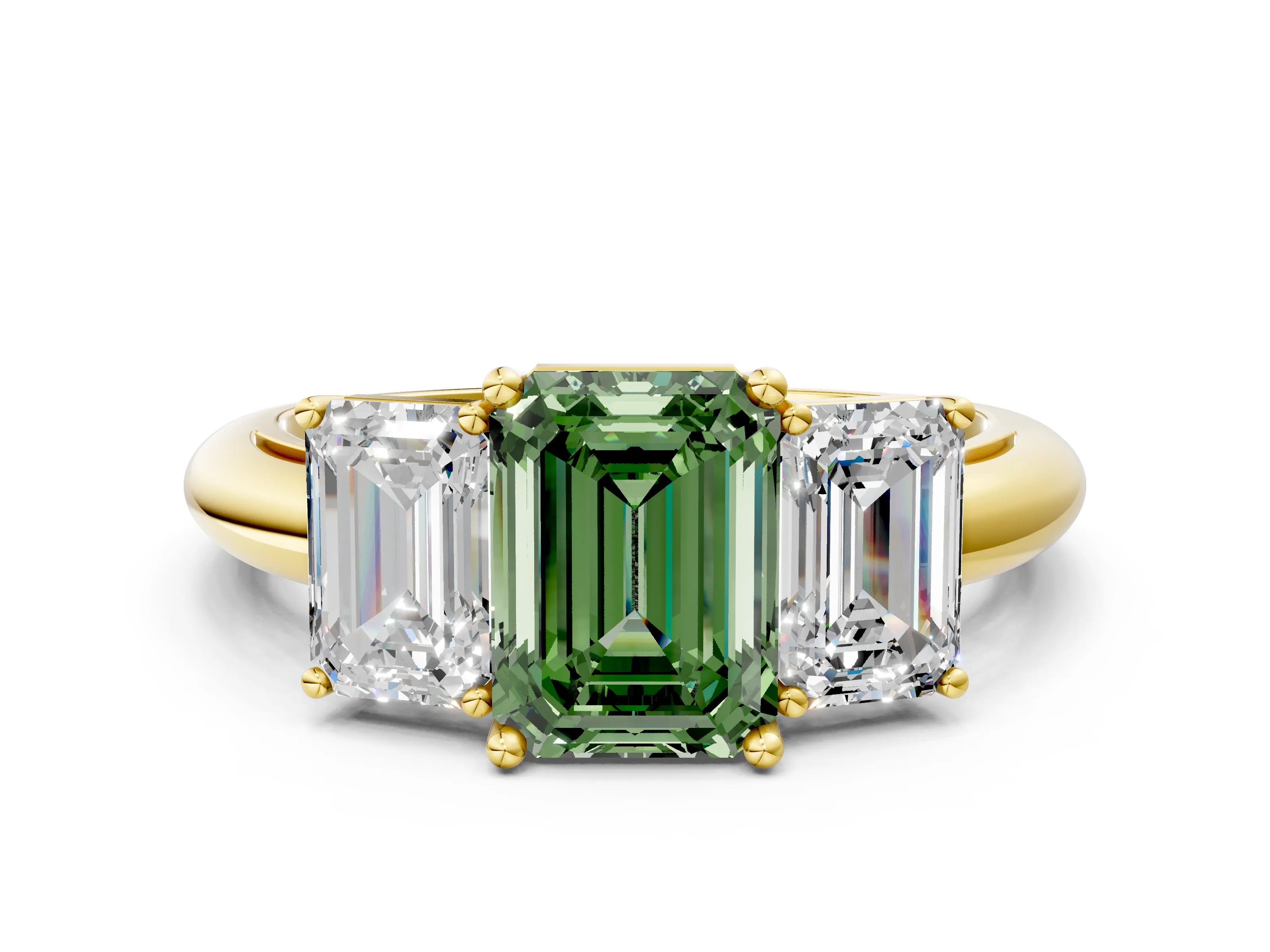 Yellow gold Three-Stone Fancy Green Emerald Cut Cut Diamond Engagement Ring with Prong Setting on a White Gold Band