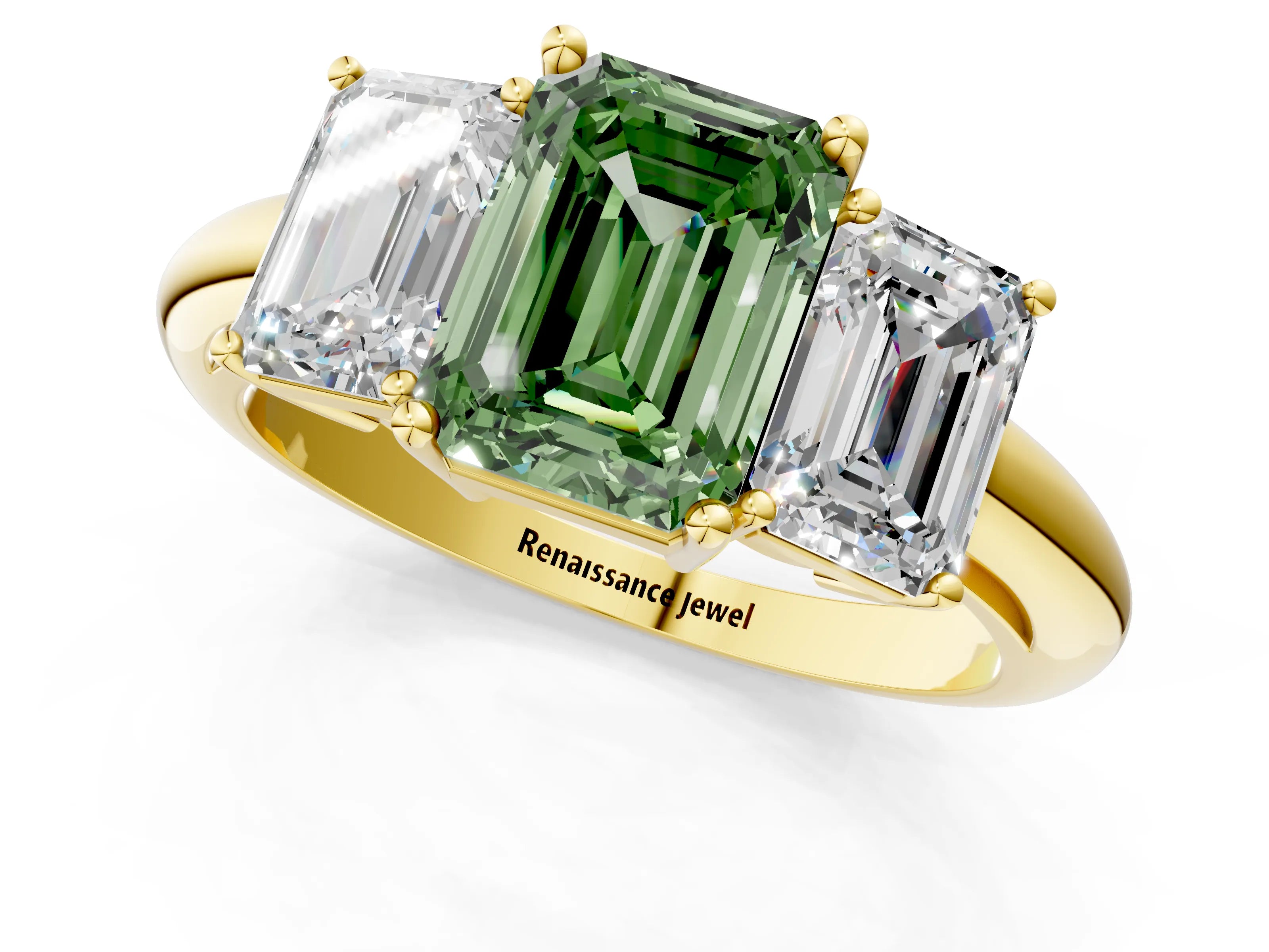 Yellow gold Three-Stone Fancy Green Emerald Cut Cut Diamond Engagement Ring with Prong Setting on a White Gold Band_1