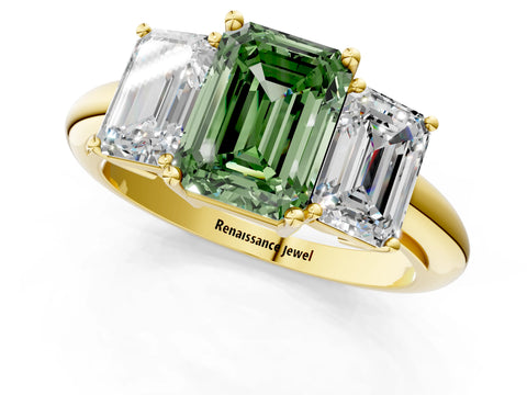 Yellow gold Three-Stone Fancy Green Emerald Cut Cut Diamond Engagement Ring with Prong Setting on a White Gold Band_1
