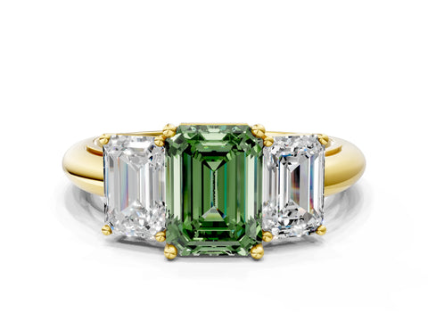 Yellow gold Three-Stone Fancy Green Emerald Cut Cut Diamond Engagement Ring with Prong Setting on a White Gold Band_24