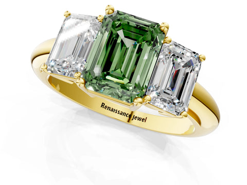 Yellow gold Three-Stone Fancy Green Emerald Cut Cut Diamond Engagement Ring with Prong Setting on a White Gold Band_25