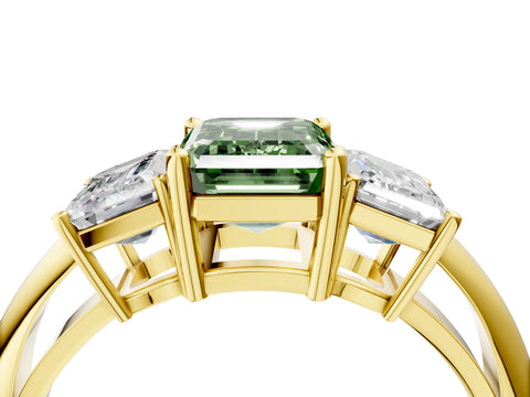 Yellow gold Three-Stone Fancy Green Emerald Cut Cut Diamond Engagement Ring with Prong Setting on a White Gold Band_4