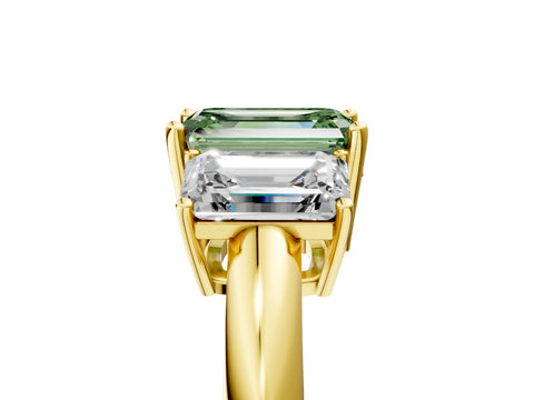Yellow gold Three-Stone Fancy Green Emerald Cut Cut Diamond Engagement Ring with Prong Setting on a White Gold Band_5
