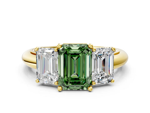 Yellow gold Three-Stone Fancy Green Emerald Cut Cut Diamond Engagement Ring with Prong Setting on a White Gold Band