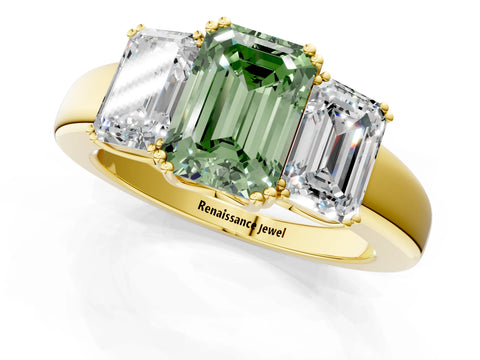 Yellow gold Three-Stone Fancy Green Emerald Cut Cut Diamond Ring with Channel Set Band and Four-Prong Setting_1