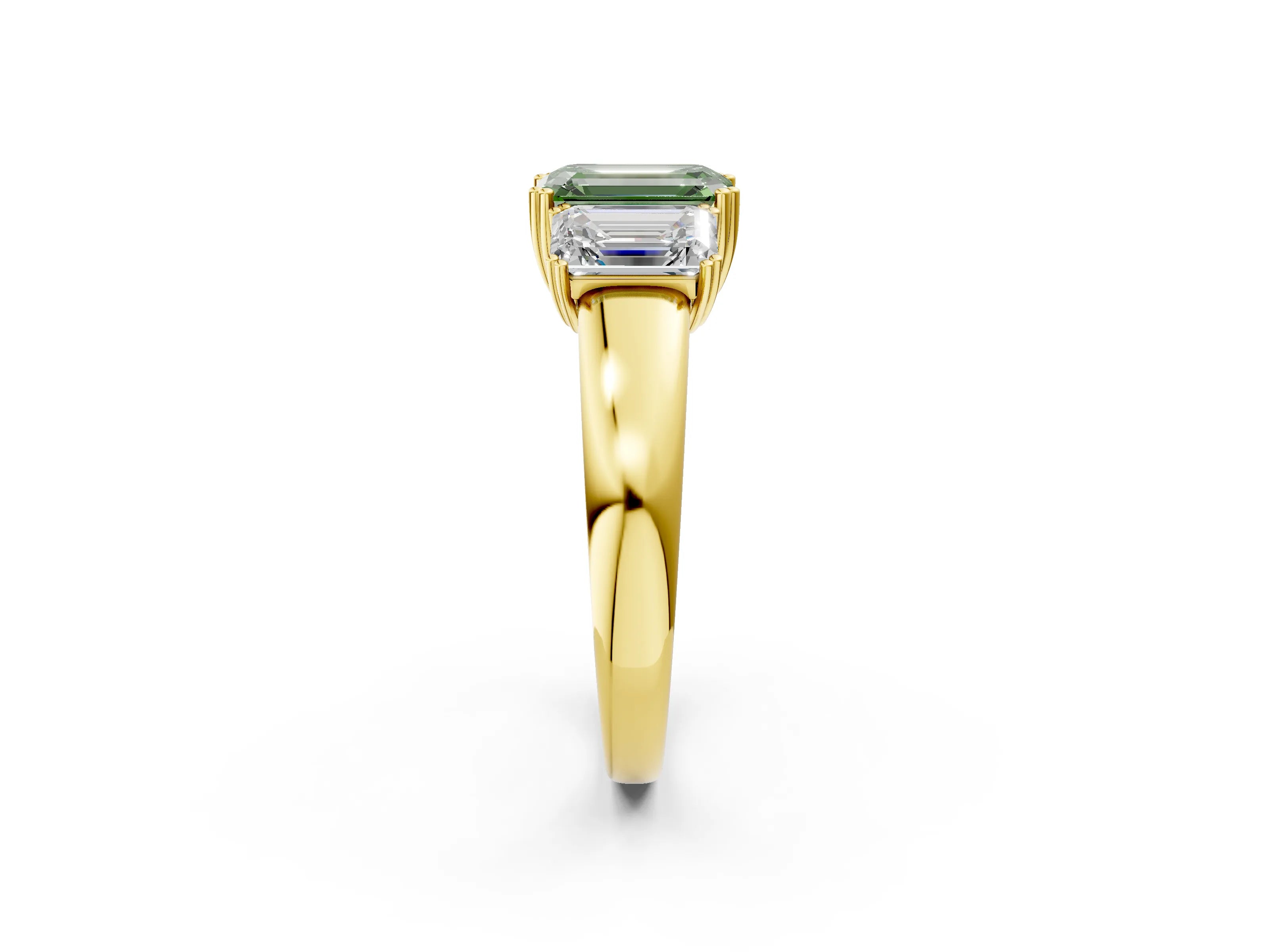 Yellow gold Three-Stone Fancy Green Emerald Cut Cut Diamond Ring with Channel Set Band and Four-Prong Setting_2