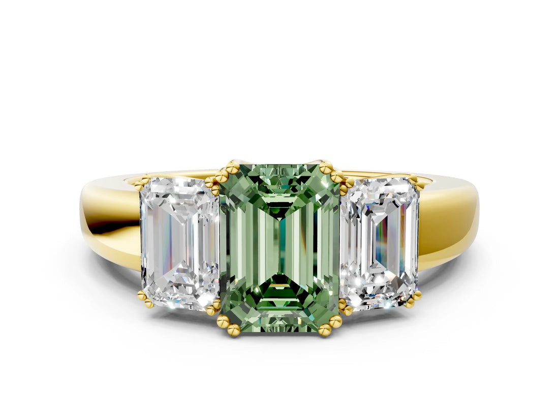 Yellow gold Three-Stone Fancy Green Emerald Cut Cut Diamond Ring with Channel Set Band and Four-Prong Setting_24