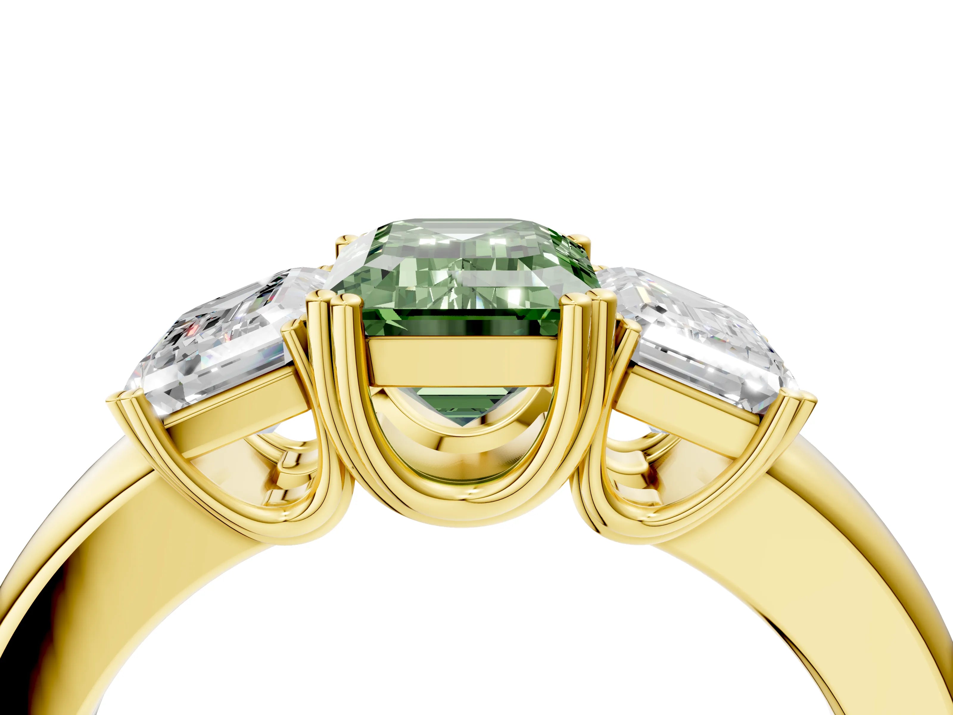 Yellow gold Three-Stone Fancy Green Emerald Cut Cut Diamond Ring with Channel Set Band and Four-Prong Setting_4