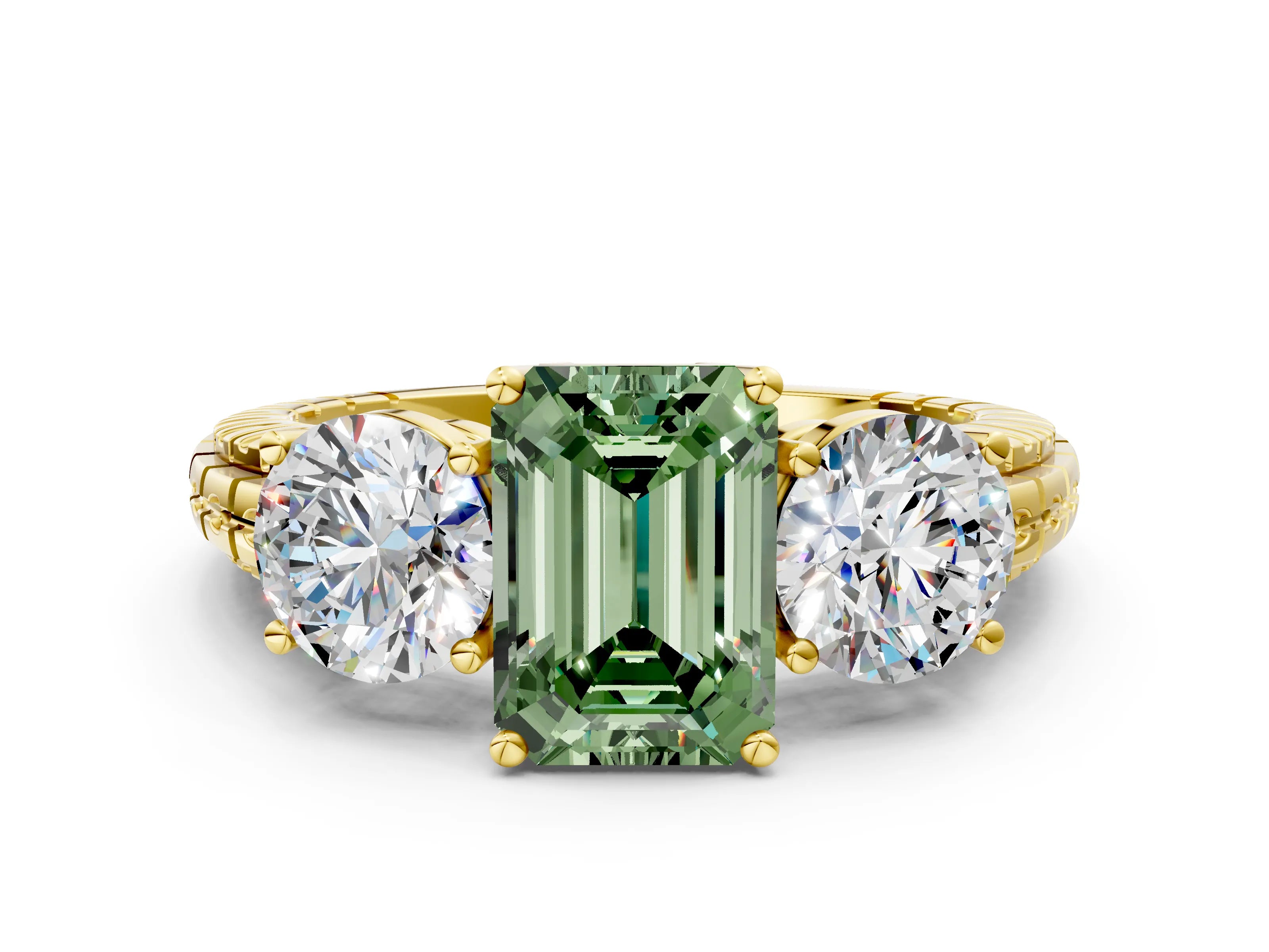Yellow gold Three-Stone Fancy Green Emerald Cut Cut Diamond Ring with Channel-Set Band and Prong Setting