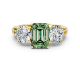 Yellow gold Three-Stone Fancy Green Emerald Cut Cut Diamond Ring with Channel-Set Band and Prong Setting