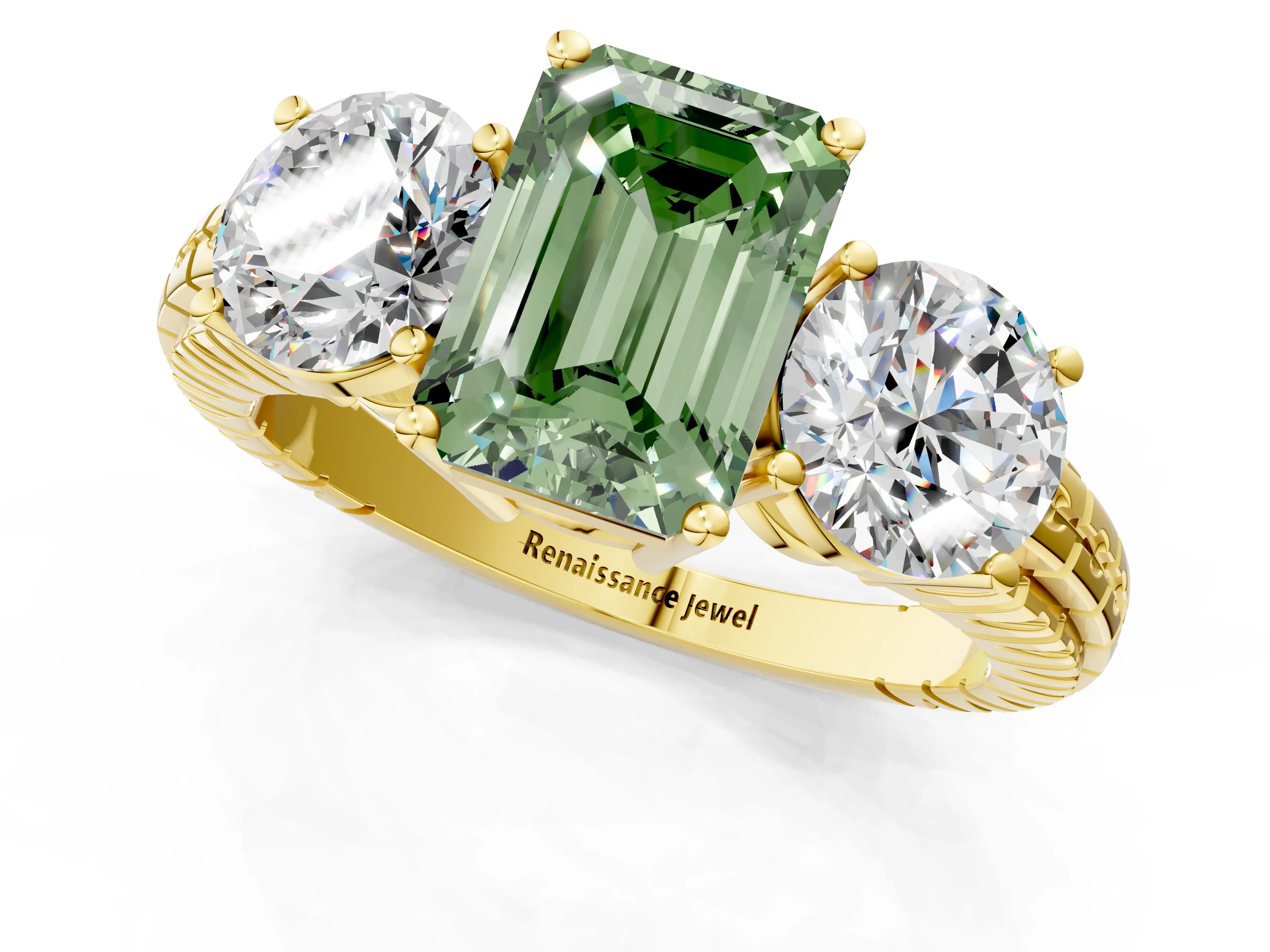 Yellow gold Three-Stone Fancy Green Emerald Cut Cut Diamond Ring with Channel-Set Band and Prong Setting_1