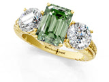 Yellow gold Three-Stone Fancy Green Emerald Cut Cut Diamond Ring with Channel-Set Band and Prong Setting_1