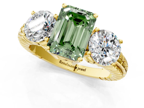 Yellow gold Three-Stone Fancy Green Emerald Cut Cut Diamond Ring with Channel-Set Band and Prong Setting
