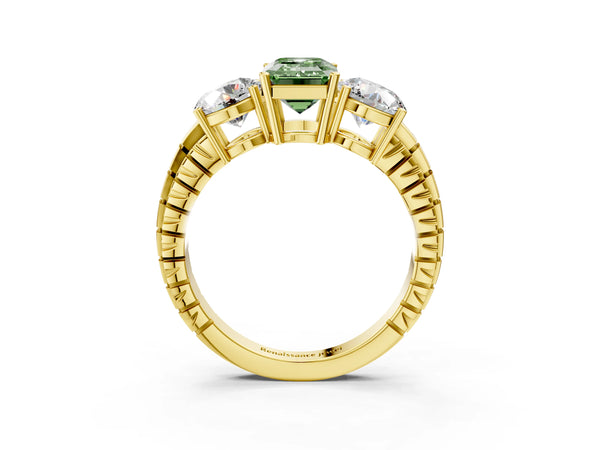 Yellow gold Three-Stone Fancy Green Emerald Cut Cut Diamond Ring with Channel-Set Band and Prong Setting