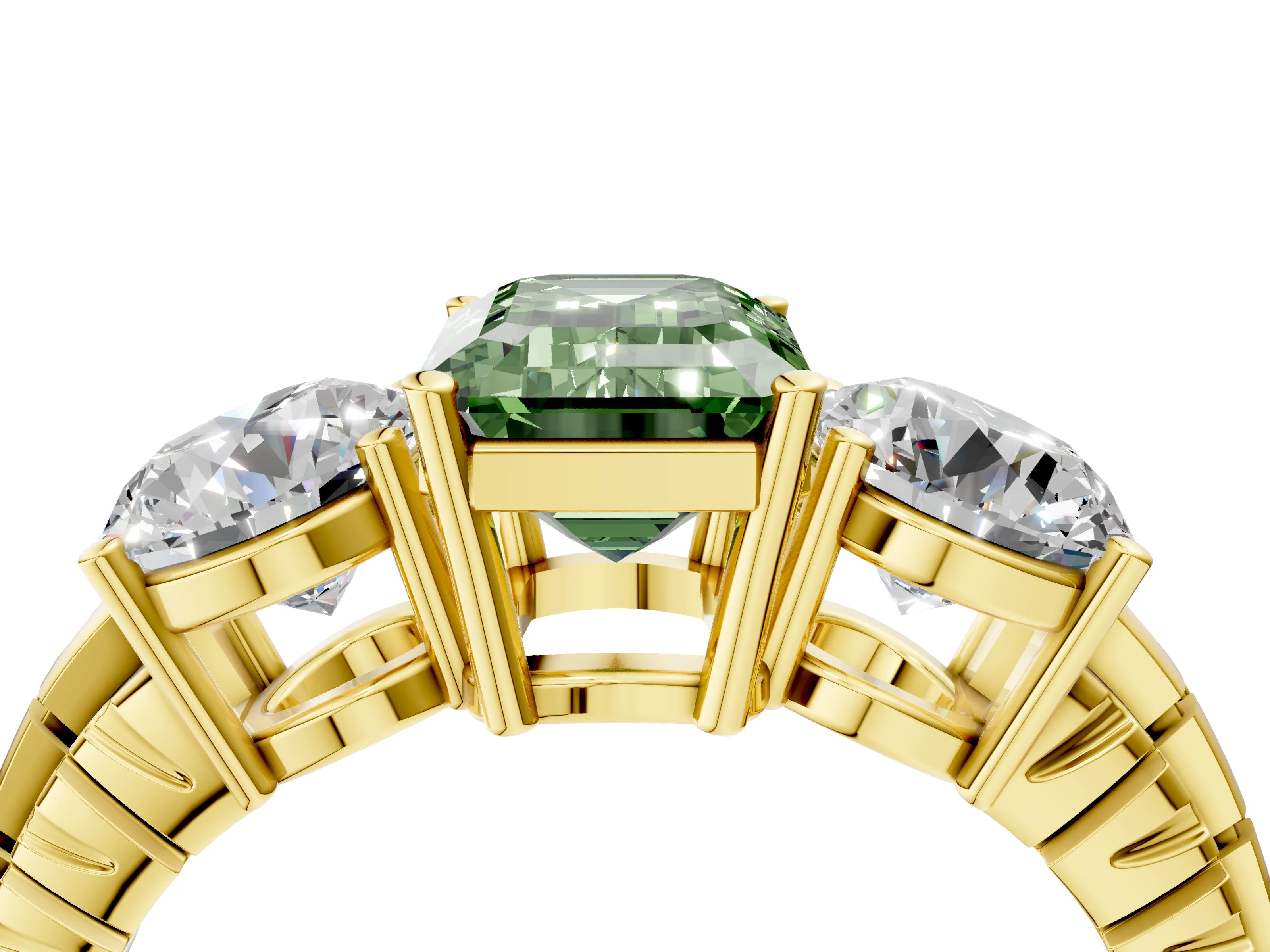 Yellow gold Three-Stone Fancy Green Emerald Cut Cut Diamond Ring with Channel-Set Band and Prong Setting_4