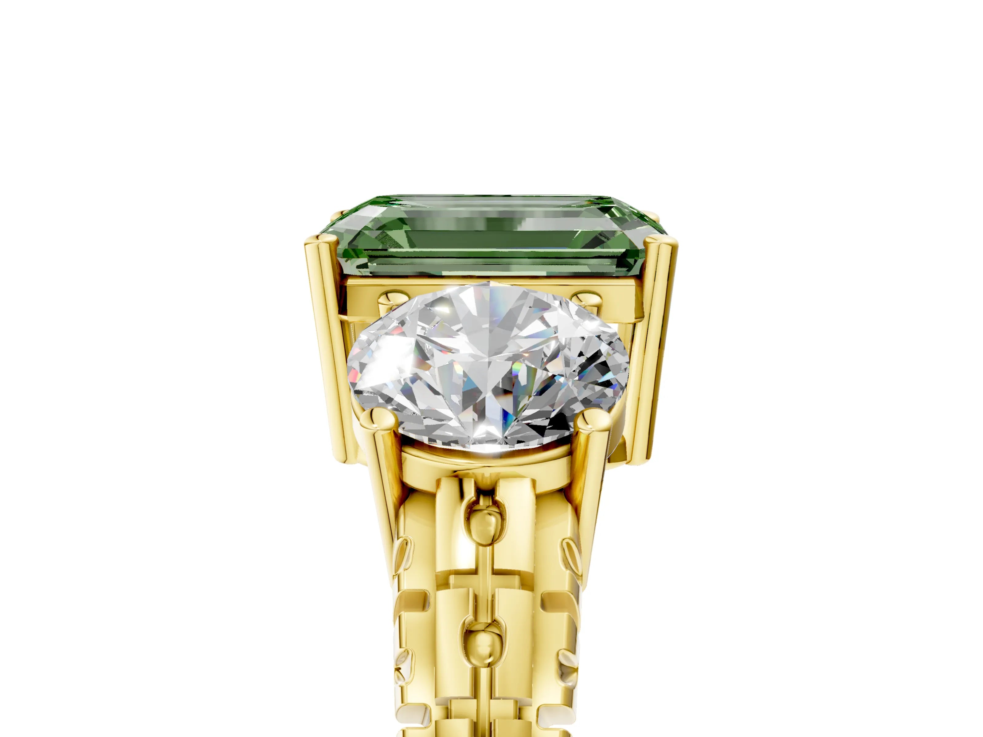 Yellow gold Three-Stone Fancy Green Emerald Cut Cut Diamond Ring with Channel-Set Band and Prong Setting_5