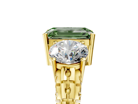 Yellow gold Three-Stone Fancy Green Emerald Cut Cut Diamond Ring with Channel-Set Band and Prong Setting_5
