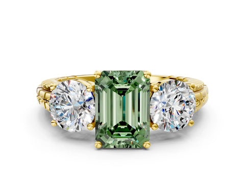 Yellow gold Three-Stone Fancy Green Emerald Cut Cut Diamond Ring with Channel-Set Band and Prong Setting