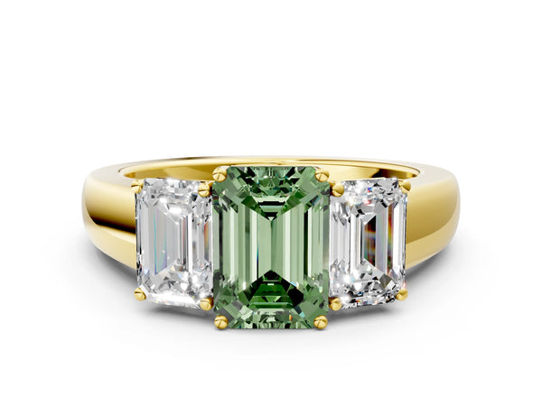 Yellow gold Three-Stone Fancy Green Emerald Cut Cut Diamond Ring with Prong Setting and Classic Band