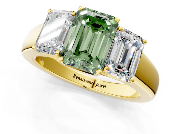 Yellow gold Three-Stone Fancy Green Emerald Cut Cut Diamond Ring with Prong Setting and Classic Band
