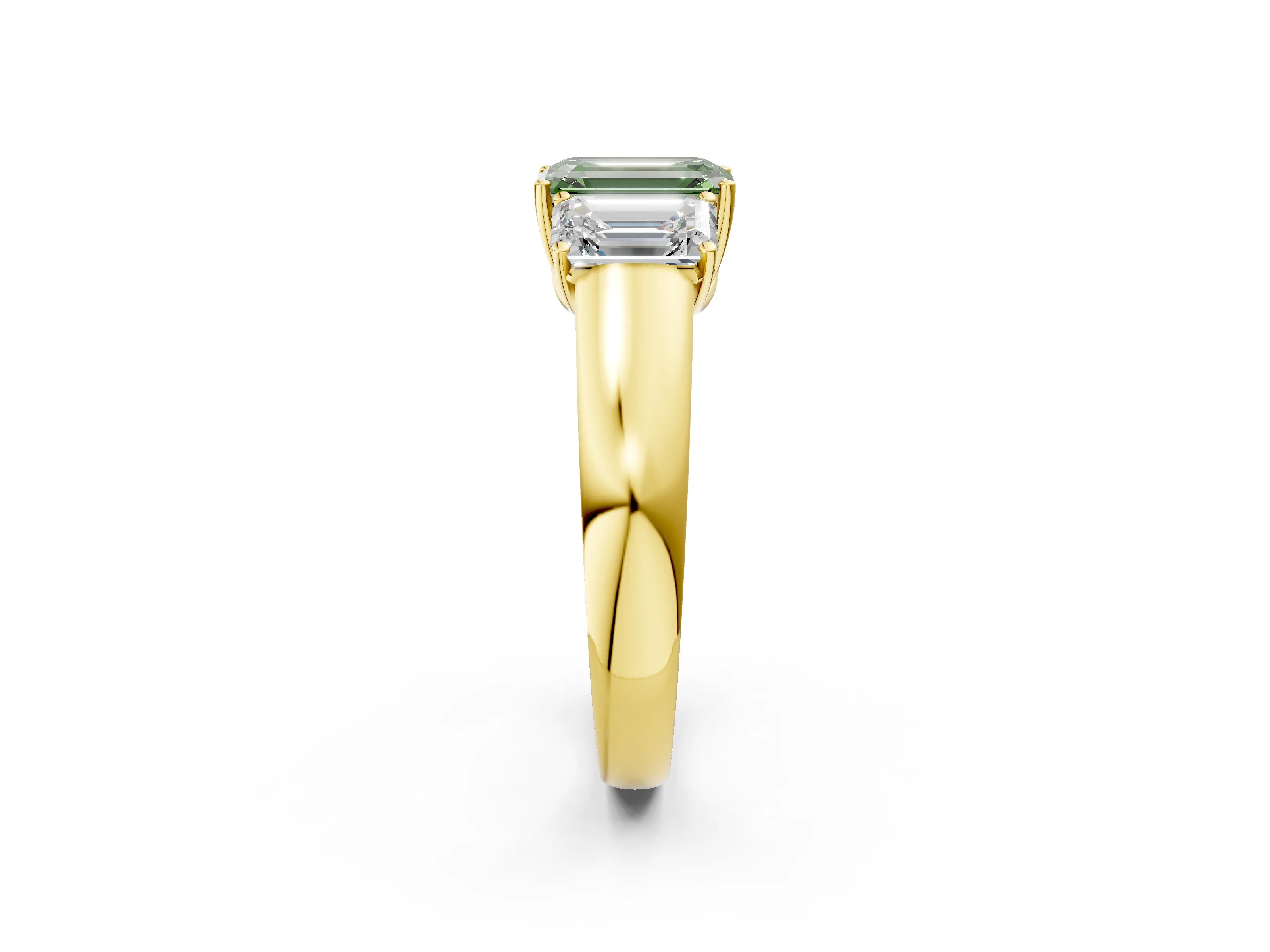 Yellow gold Three-Stone Fancy Green Emerald Cut Cut Diamond Ring with Prong Setting and Classic Band_2