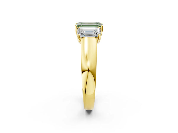 Yellow gold Three-Stone Fancy Green Emerald Cut Cut Diamond Ring with Prong Setting and Classic Band