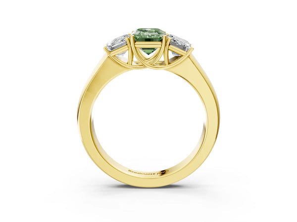 Yellow gold Three-Stone Fancy Green Emerald Cut Cut Diamond Ring with Prong Setting and Classic Band