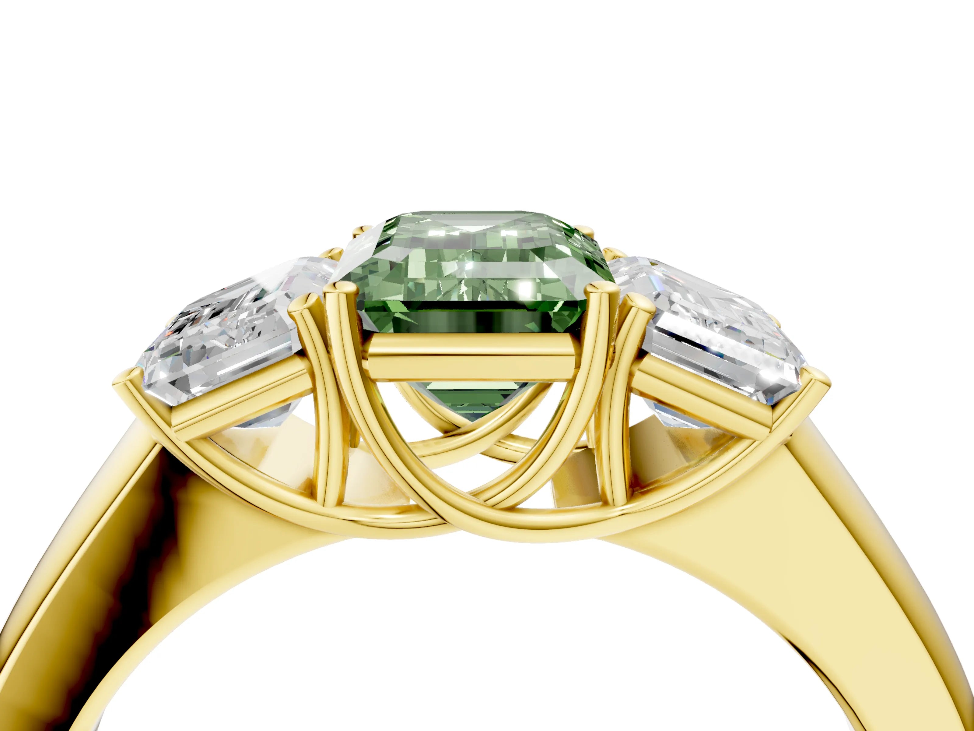 Yellow gold Three-Stone Fancy Green Emerald Cut Cut Diamond Ring with Prong Setting and Classic Band_4