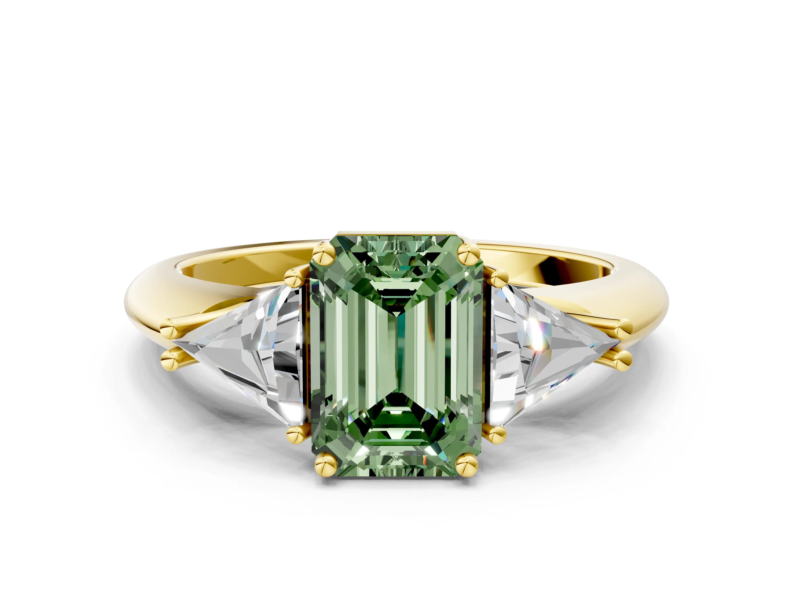 Yellow gold Three-Stone Fancy Green Emerald Cut Cut Diamond Ring with Trillion Side Stones and Four-Prong Setting_3