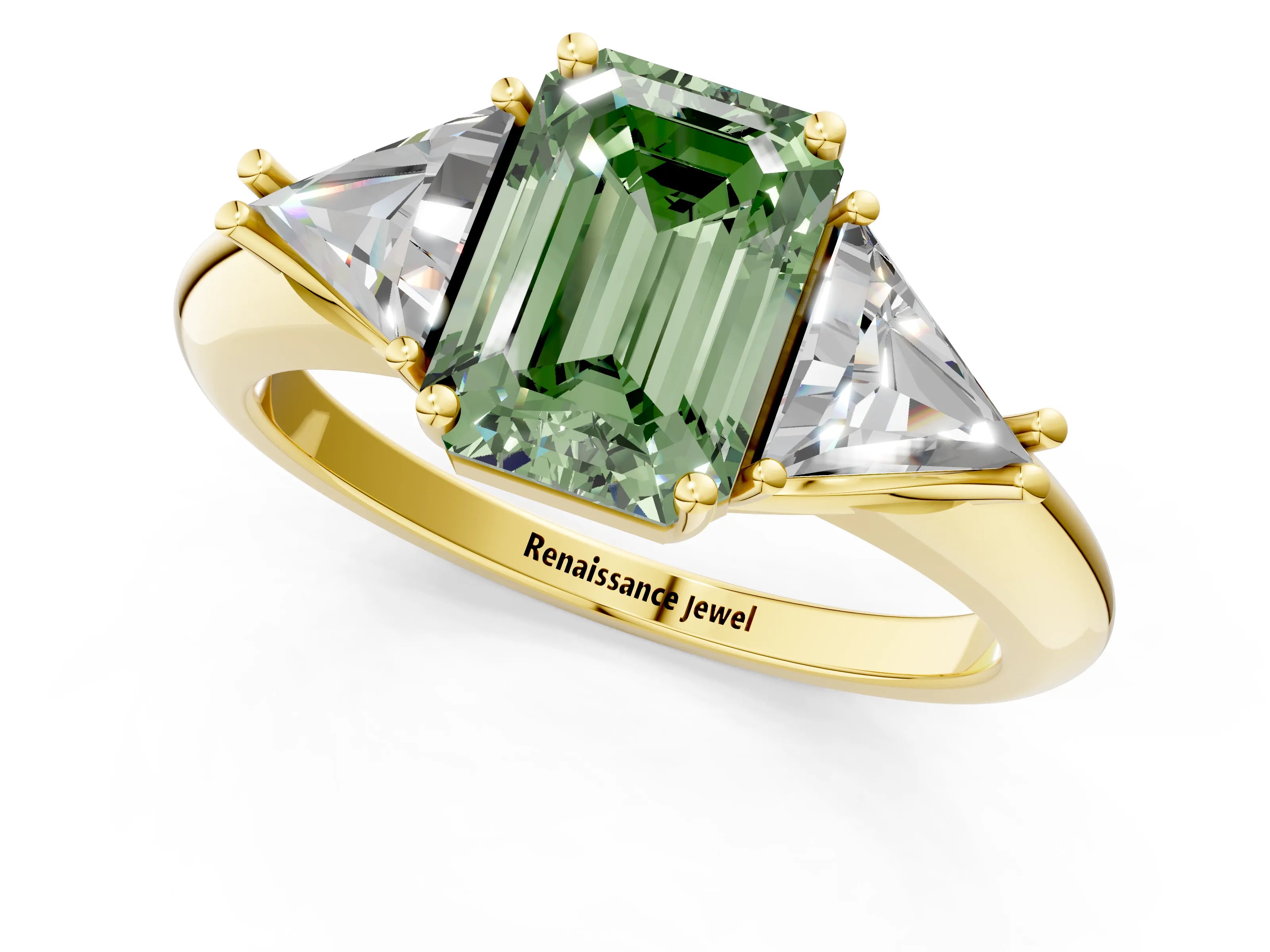 Yellow gold Three-Stone Fancy Green Emerald Cut Cut Diamond Ring with Trillion Side Stones and Four-Prong Setting_4