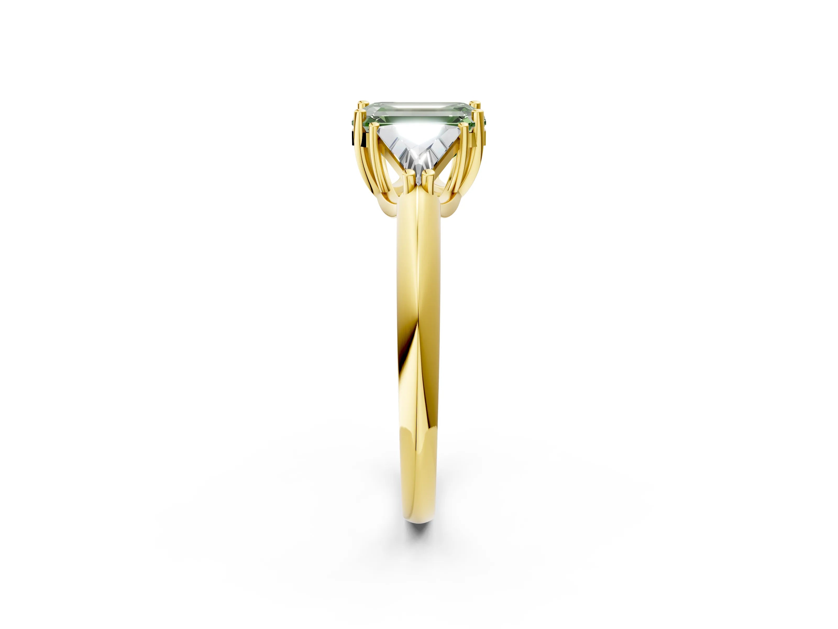 Yellow gold Three-Stone Fancy Green Emerald Cut Cut Diamond Ring with Trillion Side Stones and Four-Prong Setting_5
